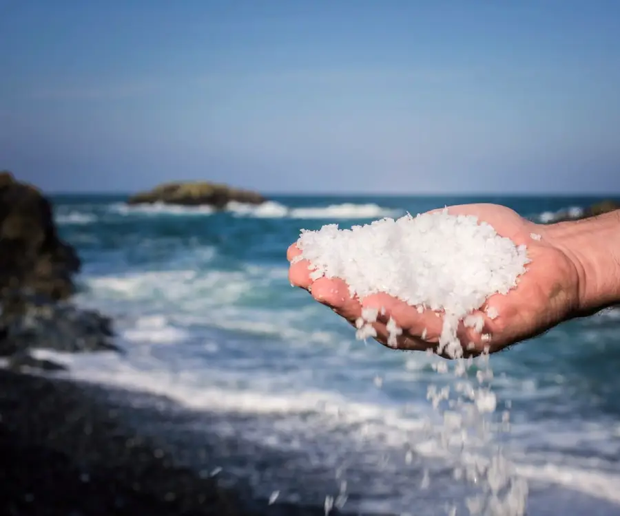 A hand holds a pile of coarse sea salt with some grains falling, against a backdrop of a rocky shoreline and ocean waves under a blue sky.