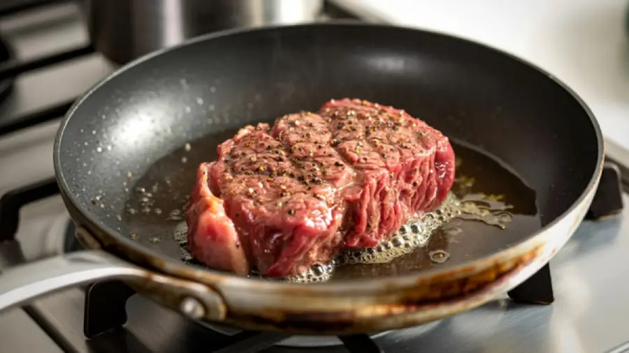 A raw, seasoned steak is sizzling in a frying pan on a stovetop, with visible oil bubbling around the meat as it cooks.