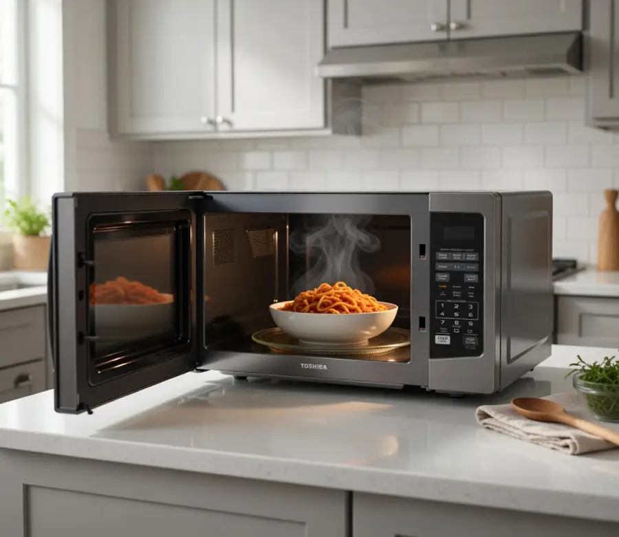 A bowl of steaming pasta sits inside an open microwave on a kitchen counter, with cabinets, utensils, and kitchenware visible in the background.