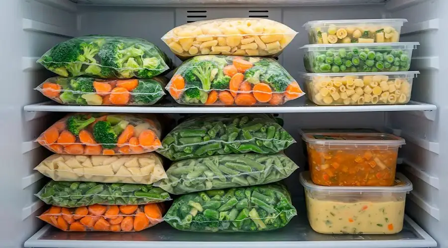 Bags and containers of assorted frozen vegetables, including carrots, broccoli, beans, and mixed vegetables, neatly stacked and organized on the shelves inside a freezer.