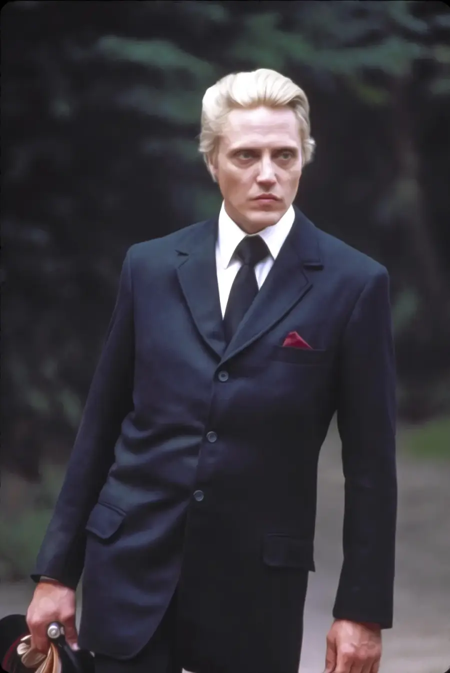 A man with slicked-back blond hair, wearing a dark suit, white shirt, and black tie, stands outdoors holding a hat. He has a serious expression and a red pocket square, with greenery blurred in the background.