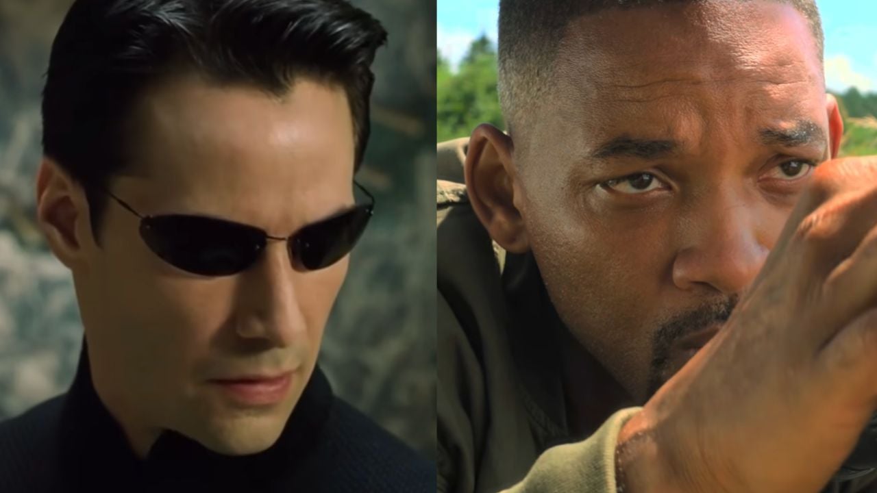 A split image showing a man in dark sunglasses and a black outfit on the left, and another man outdoors, closely focused and looking intently, on the right.
