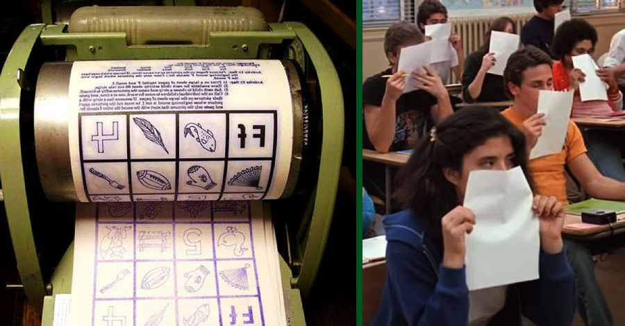 On the left, a mimeograph machine prints worksheets. On the right, students in a classroom smell freshly printed sheets of paper, holding them up to their faces and appearing to enjoy the scent.