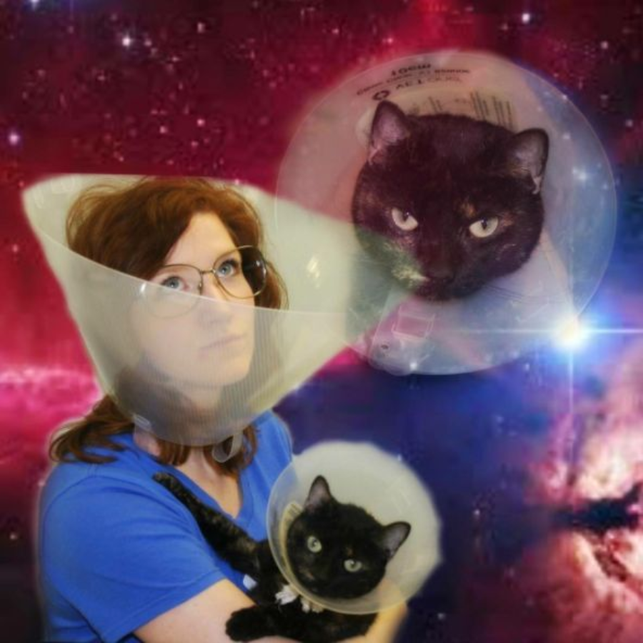 A woman and her black cat, both wearing protective cones, pose together. The image has a cosmic, outer space background with a larger, translucent image of the cat’s face above them.