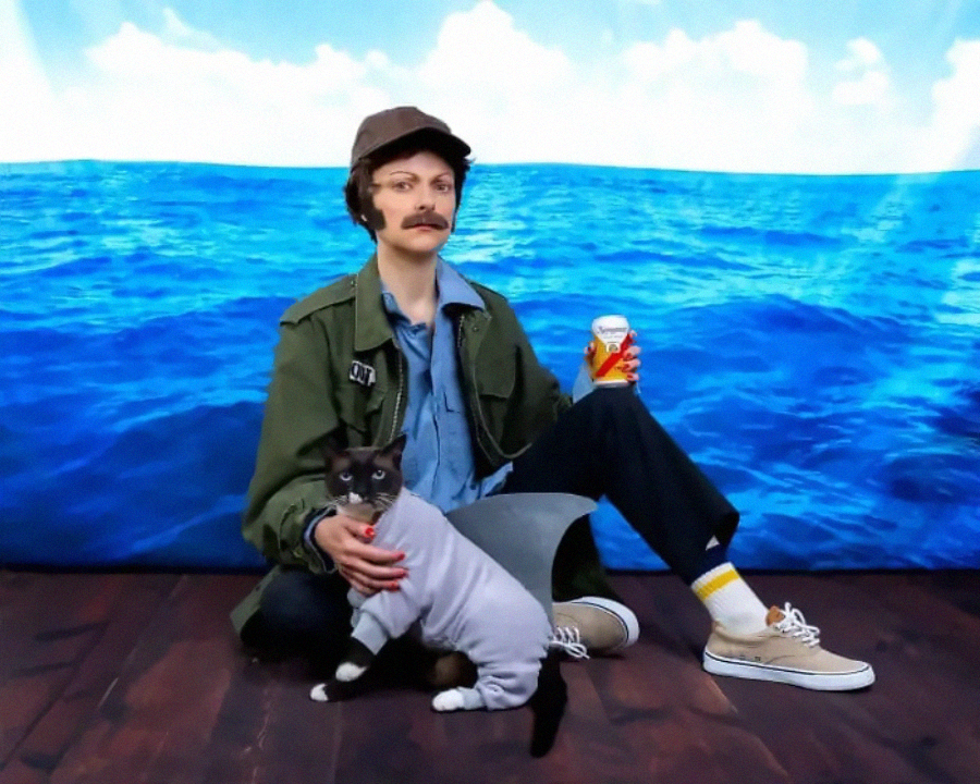 A person dressed like a fisherman sits on a wooden floor in front of a blue ocean backdrop, holding a drink and petting a cat wearing a shark costume.