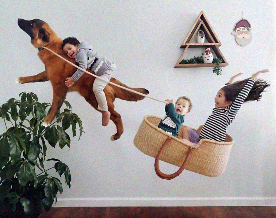 Three children appear to be flying indoors: one rides a large dog, while the other two sit in a basket that's being pulled by the dog. All seem excited. The scene is playful and imaginative.