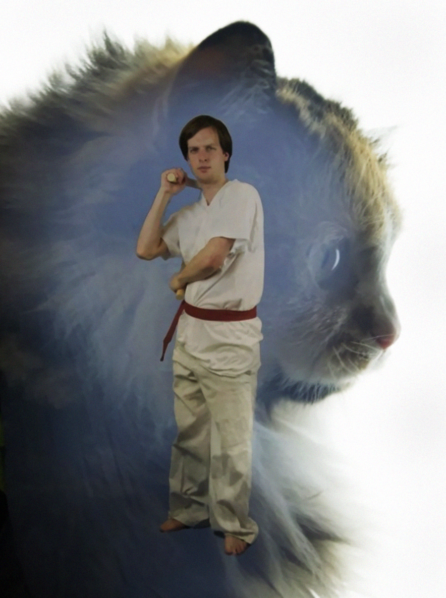 A man in a martial arts uniform with a red belt poses with a clenched fist, superimposed over the image of a large, fluffy cat in profile on a light background.