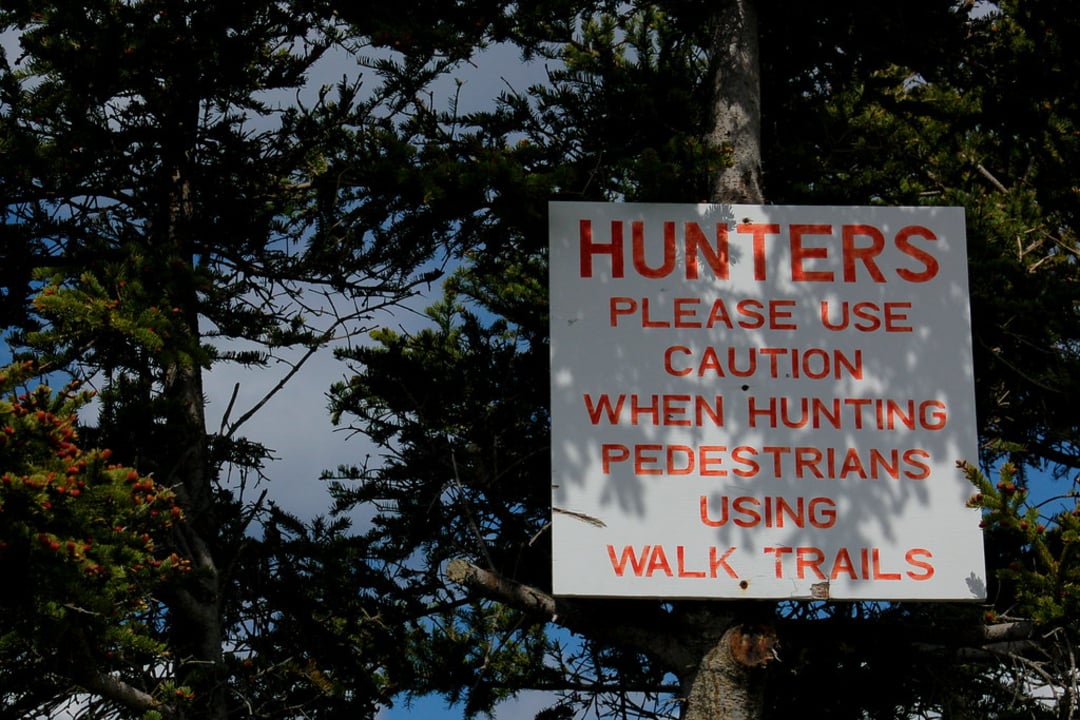 A sign attached to a tree reads: "HUNTERS PLEASE USE CAUTION WHEN HUNTING PEDESTRIANS USING WALK TRAILS." The sign is surrounded by tree branches against a partly cloudy sky.