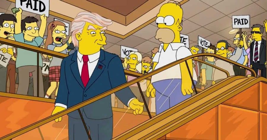 A cartoon scene from The Simpsons shows a character resembling Donald Trump on an escalator with Homer Simpson, while a crowd holds "PAID" signs and cheers in the background.
