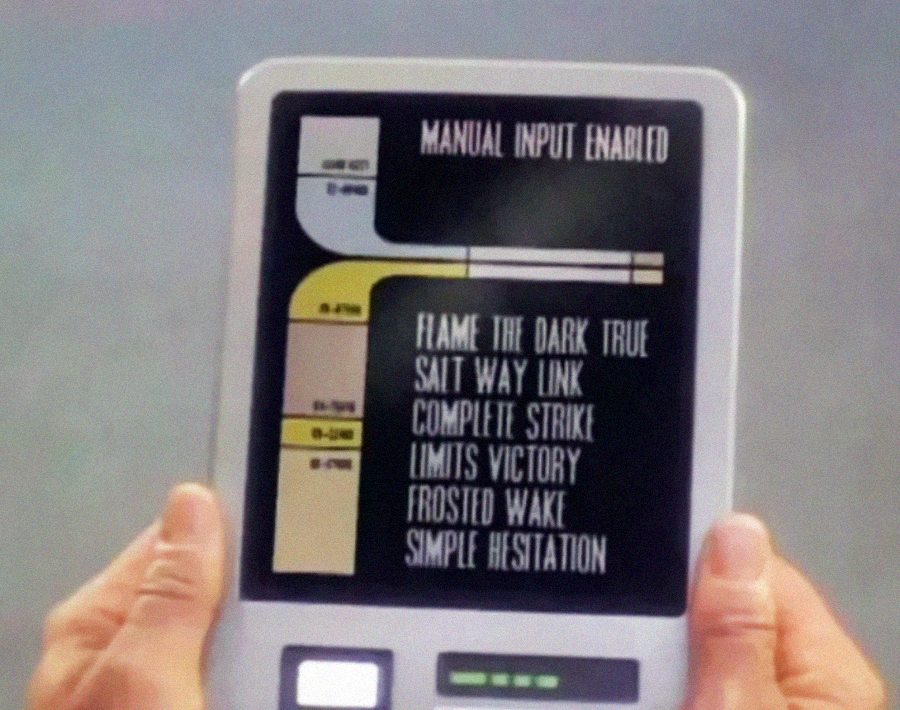 A person holds a retro-futuristic touchscreen device displaying a map, labeled buttons, and a list of phrases: “FLAME THE DARK TRUE, SALT WAY LINK, COMPLETE STRIKE, LIMITS VICTORY, FROSTED WAKE, SIMPLE HESITATION.”