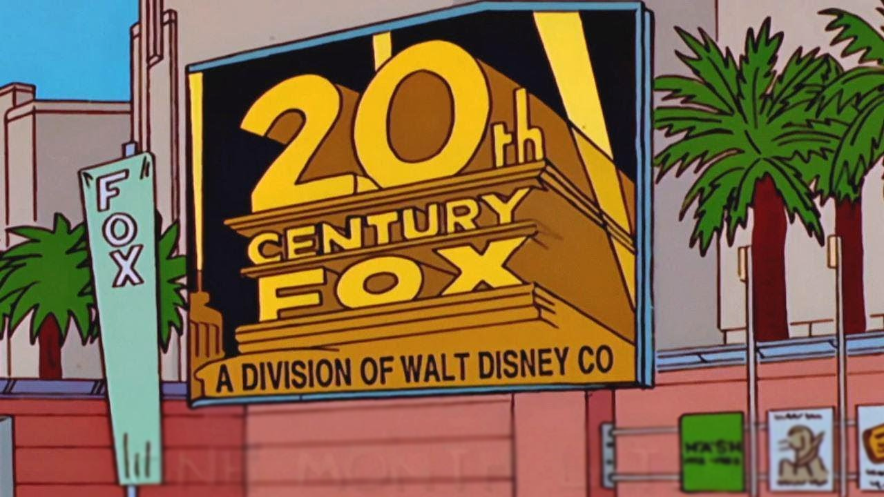 A cartoon billboard reads "20th Century Fox, A Division of Walt Disney Co," with palm trees and buildings in the background. A green sign with "FOX" is also visible. The style is similar to The Simpsons.