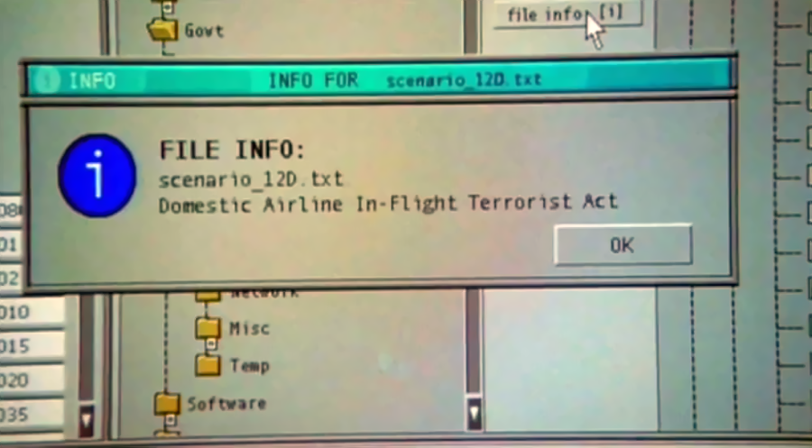 A computer screen displays a popup titled "FILE INFO" for "scenario_120.txt," described as "Domestic Airline In-Flight Terrorist Act." File directories are visible in the background.