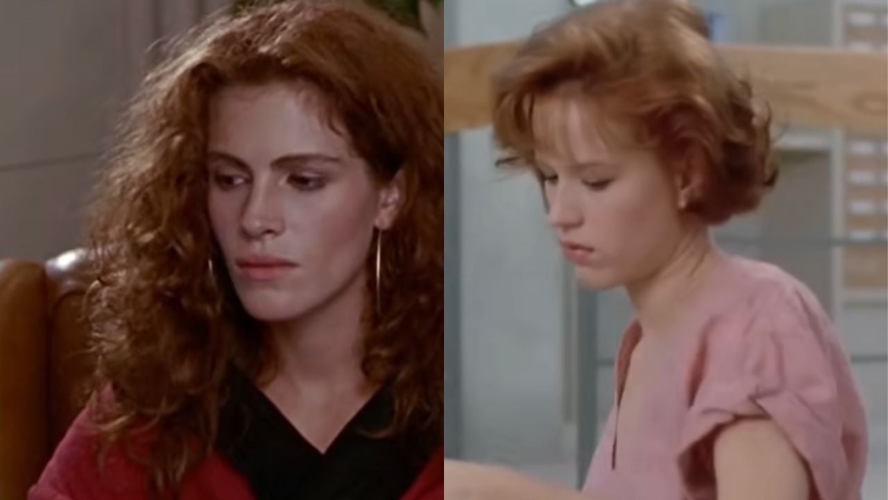 Split image: On the left, a woman with curly red hair looks down thoughtfully. On the right, a woman with short, wavy light brown hair wears a pink top and looks down, appearing contemplative.