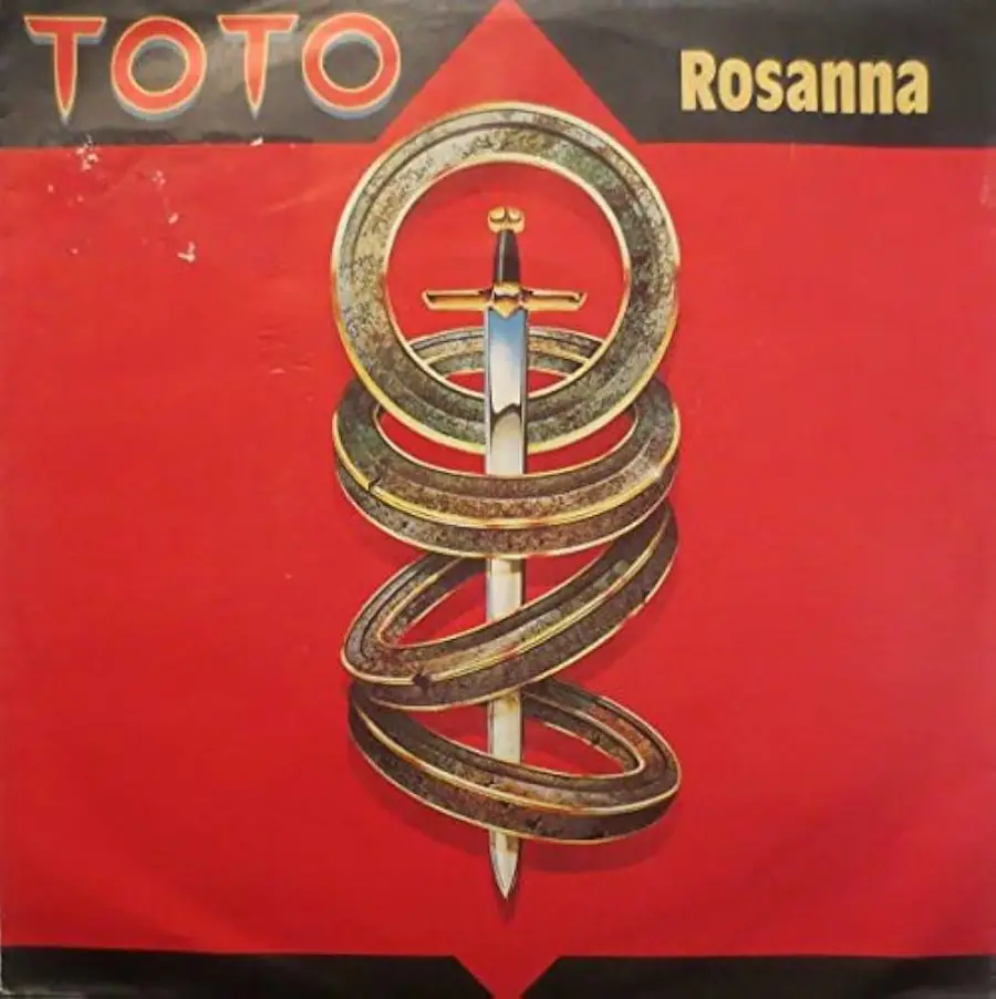 Album cover for Toto’s “Rosanna” featuring a gold sword wrapped by three gold rings on a red background. The band name "TOTO" appears at the top left, with "Rosanna" in yellow at the top right.