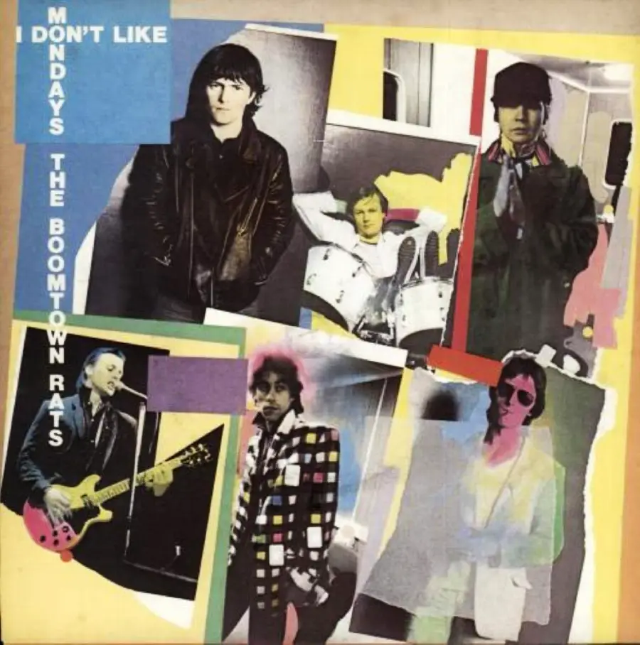 Collage-style album cover for "I Don’t Like Mondays" by The Boomtown Rats, featuring photos of band members posing and performing, with colorful borders and text along the left edge.