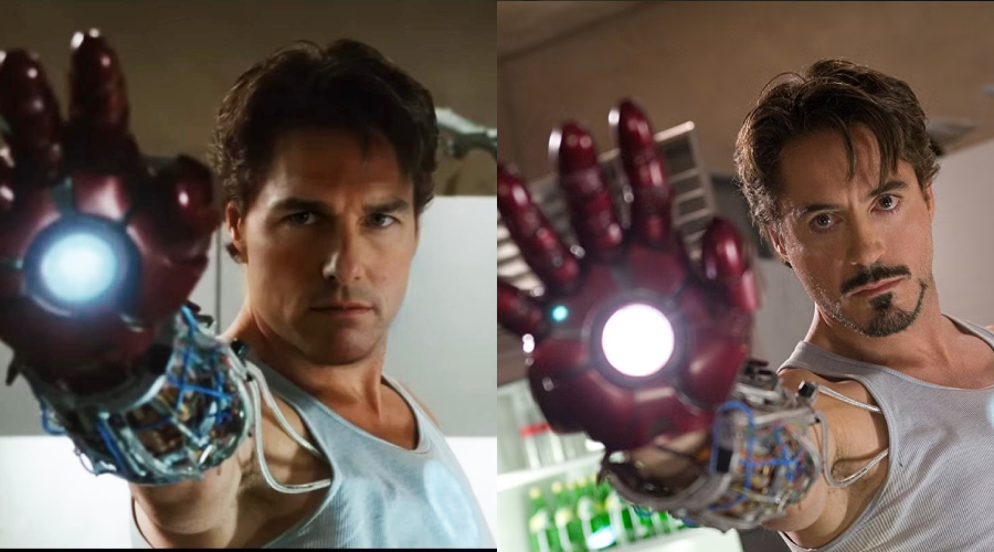 Two men wearing white tank tops imitate the Iron Man pose, each with a glowing mechanical hand extended toward the camera. The left man has brown hair; the right has similar hair and a goatee.