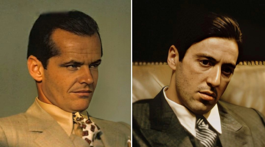 Side-by-side portraits of two men in suits sitting indoors, both with serious expressions; the man on the left has slicked-back hair and is looking slightly to the side, while the man on the right gazes downward thoughtfully.