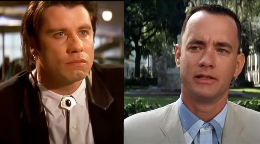 Split image: On the left, a man with slicked-back hair and an earring wears a black suit with a bolo tie; on the right, another man in a light suit stands outdoors, looking serious.