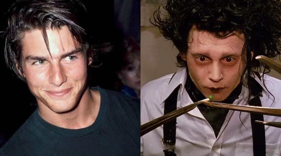Split image: On the left, a young man with brown hair smiles, wearing a dark shirt. On the right, a character in dramatic makeup with wild black hair and scissor hands wears a white shirt and black suspenders.