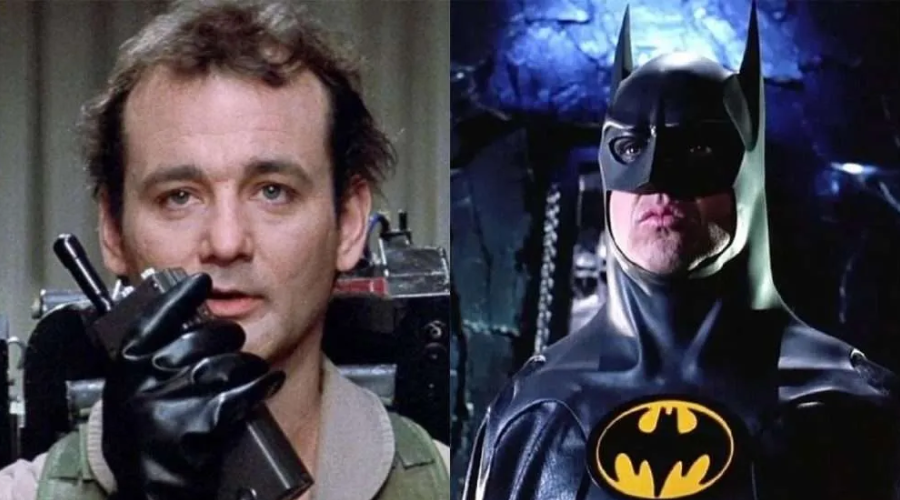 Split image: On the left, a man in Ghostbusters gear holds a walkie-talkie. On the right, a man dressed as Batman stands in a dark setting with a yellow Batman logo on his chest.