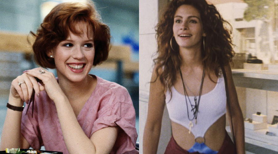 Two women in film scenes: on the left, a woman with short red hair smiles and wears a pink blouse; on the right, a woman with long curly hair wears a white cutout top and necklace, standing outdoors.
