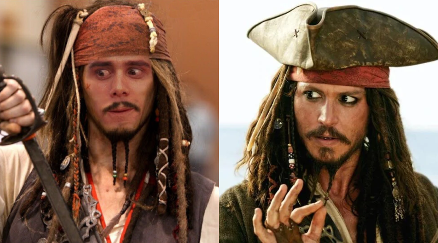 Split image: On the left, a person in a Jack Sparrow costume with a surprised expression. On the right, the character Jack Sparrow from Pirates of the Caribbean, wearing a pirate hat and gesturing with his hand.