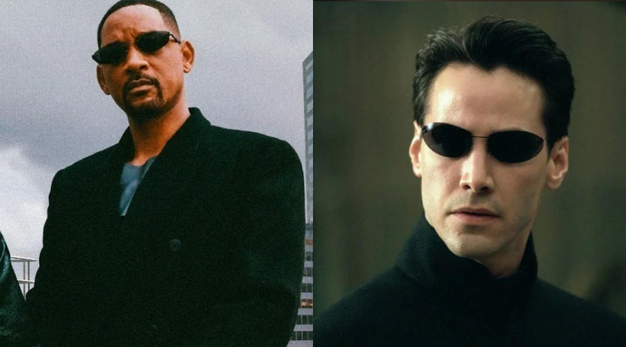 Split image: On the left, a man with short hair and goatee wearing dark sunglasses and a black jacket; on the right, a man with short dark hair and sunglasses in a black coat, both in urban settings.