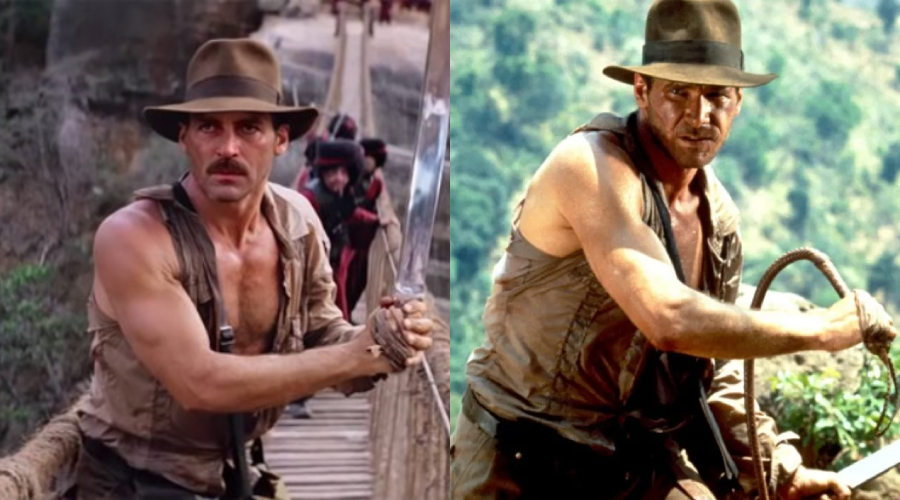 A man wearing a brown hat, a sleeveless shirt, and a satchel is seen holding a rope on a bridge in one image and holding a whip with a determined expression in another outdoor jungle setting.