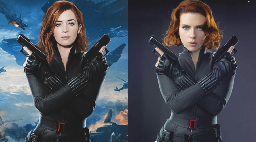 Split image: On the left, a woman with red hair in a black suit holds two pistols crossed in front of her, with a battle scene background. On the right, a similar woman poses the same way in front of a dark background.