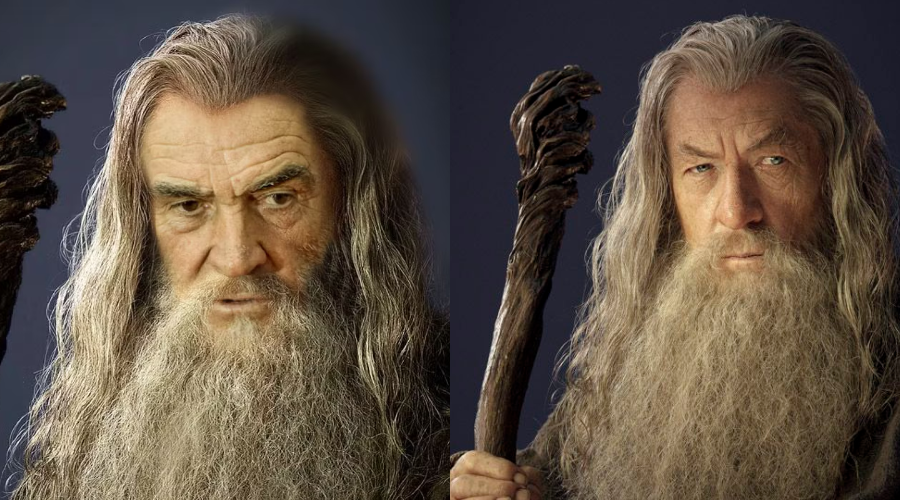 Side-by-side images of two elderly men dressed as wizards with long grey hair, long beards, and holding wooden staffs, both wearing grey robes against a dark background.