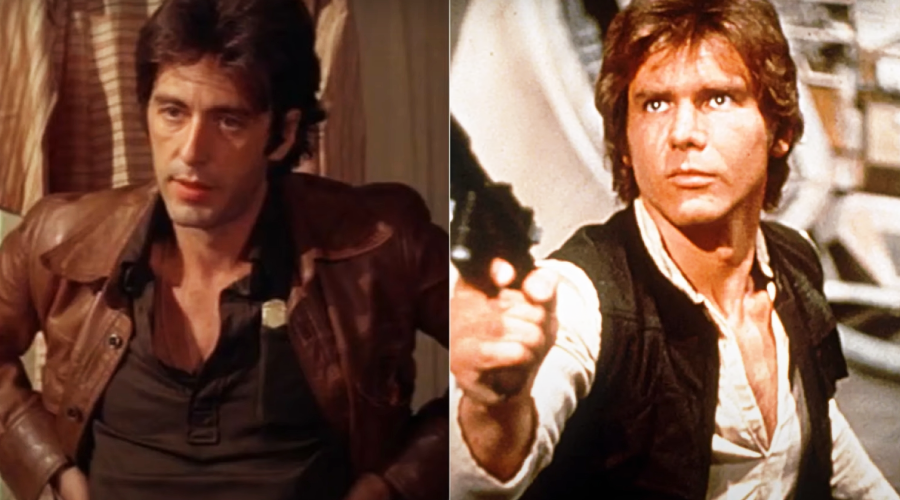 Split image: On the left, a man with dark hair in a brown leather jacket sits with hands on hips. On the right, a man in a similar jacket aims a blaster, standing in a sci-fi setting.