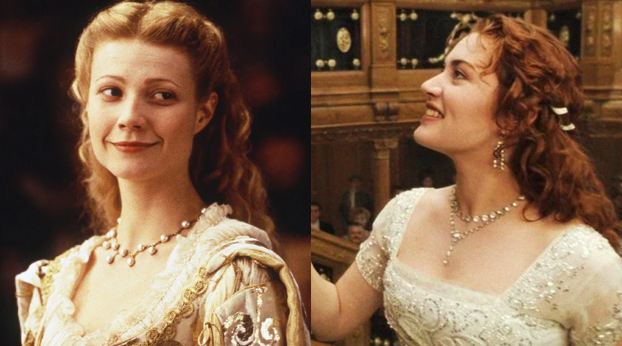 Split image showing two women in period costumes. The woman on the left wears an ornate cream dress and necklace, smiling slightly. The woman on the right wears a white dress and pearl necklace, looking upward with a joyful expression.