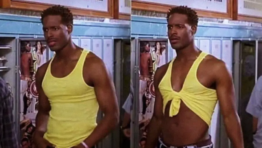 Man in a yellow tank top stands indoors; in the second frame, the tank top is tied in the front, showing his midriff. He looks surprised or confused in both images.