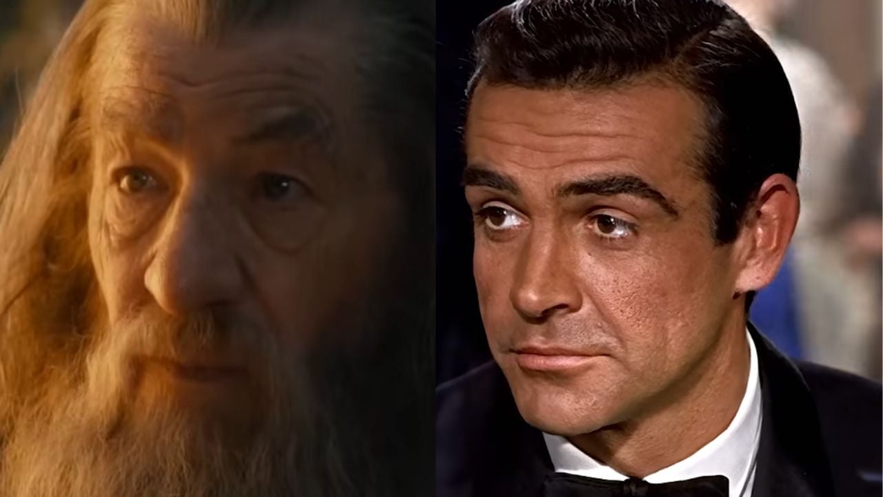 Split image: On the left, an older man with a long gray beard and hair; on the right, a clean-shaven man in a tuxedo with dark hair, looking slightly to the side.