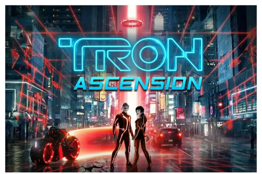 A futuristic city scene with neon lights and two people in glowing suits stand in the foreground beside a light cycle. Large blue text reads "TRON ASCENSION" above them.
