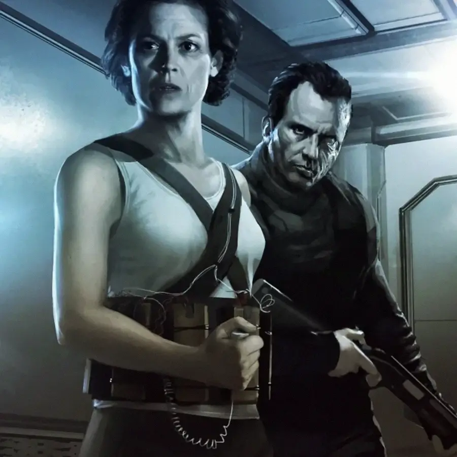 A woman in a white tank top with a strapped device stands alert in a dimly lit room, while a stern-looking man holding a shotgun stands behind her, both appearing tense and cautious.