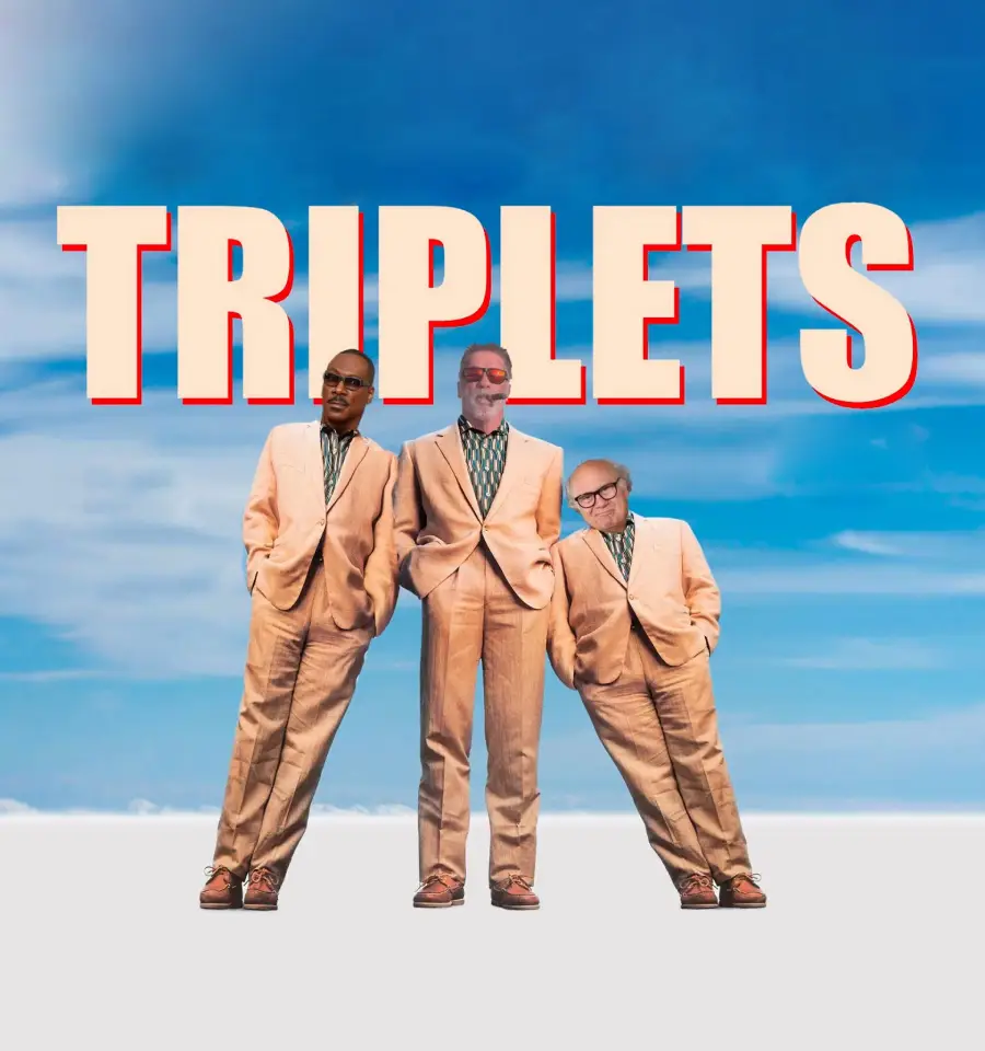 Three men in identical tan suits stand under the word "TRIPLETS" against a blue sky; the man in the center is taller, while the two on either side lean toward him.