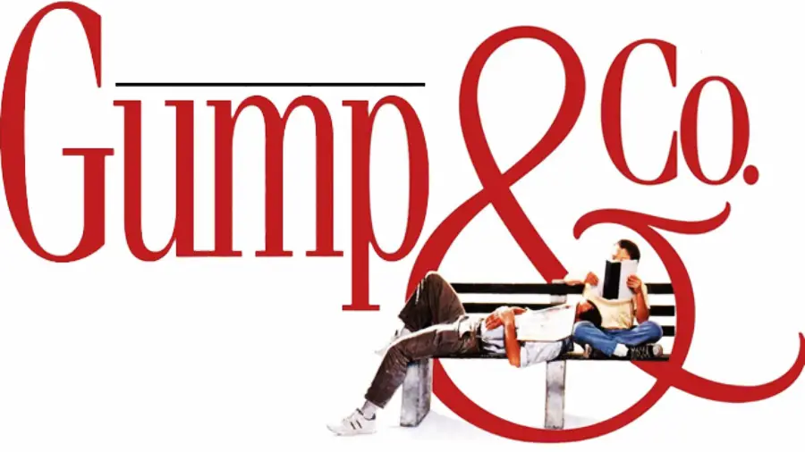 Two people sit on a bench reading, with large red text behind them that reads "Gump & Co." The ampersand is oversized, wrapping around the bench and the people.