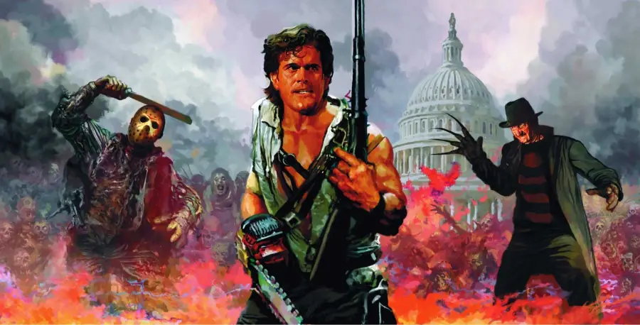 A determined man with a chainsaw and shotgun stands in front of a burning scene, flanked by Jason Voorhees with a machete and Freddy Krueger with clawed gloves, with the U.S. Capitol building in the background.