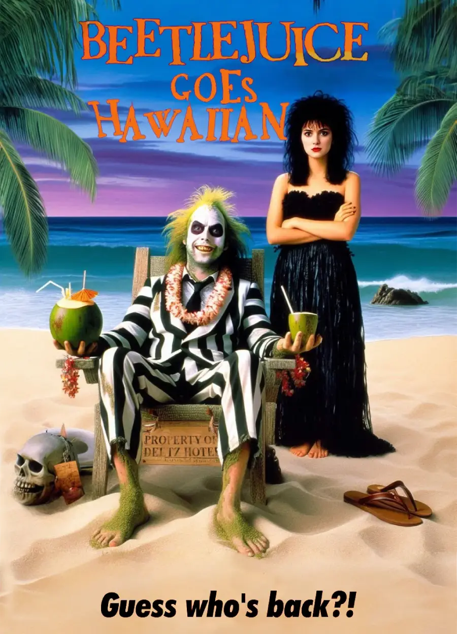 A man with wild green hair and pale makeup in a black-and-white striped suit sits in a beach chair holding coconuts. A woman in a black dress stands behind him. Palm trees, sand, and the ocean are in the background. Text reads “Beetlejuice Goes Hawaiian. Guess who's back?!”.