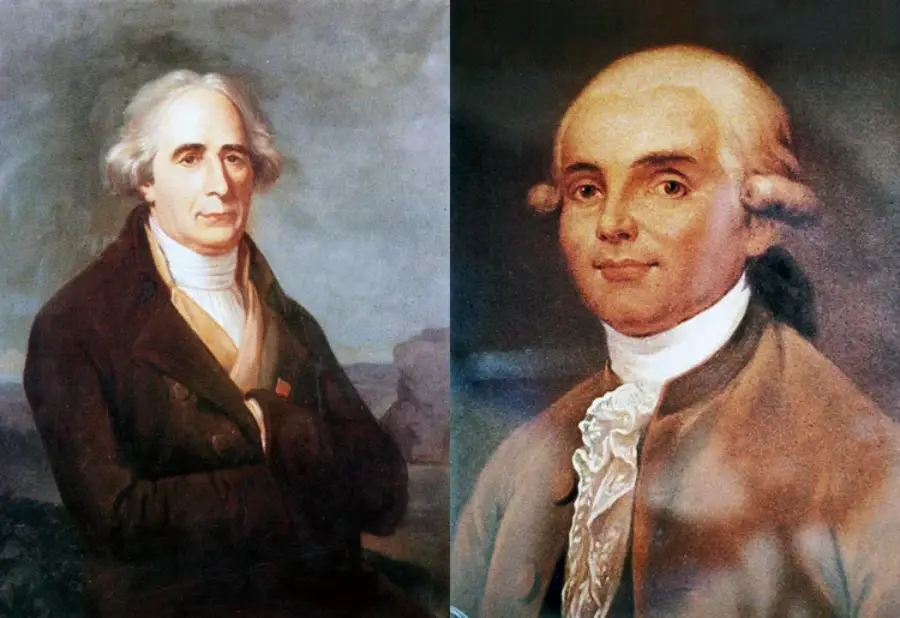 Two painted portraits of men with white powdered hair, both wearing 18th-century clothing with high collars and cravats. The left man wears a dark coat, while the right man wears a lighter coat with lace details.