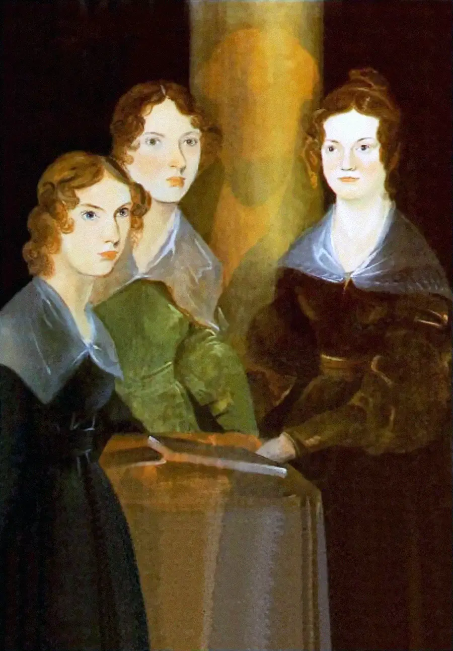 Three women in 19th-century clothing stand together by a table, their expressions serious. A soft light illuminates them, and a blurred, ghostly figure appears in the background.