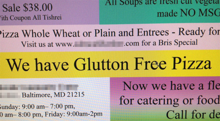 A website promoting food specials displays a bold yellow banner with large text reading, “We have Glutton Free Pizza,” featuring a humorous misspelling of “gluten.”