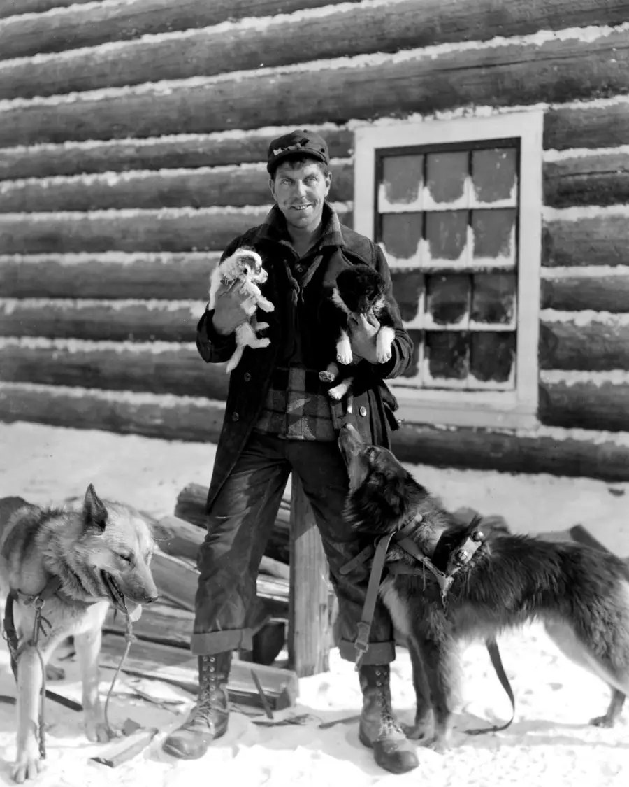 A man in winter clothing stands in front of a log cabin, holding two puppies. Two large dogs on leashes stand beside him in the snow. A window with frosted panes is visible behind him.