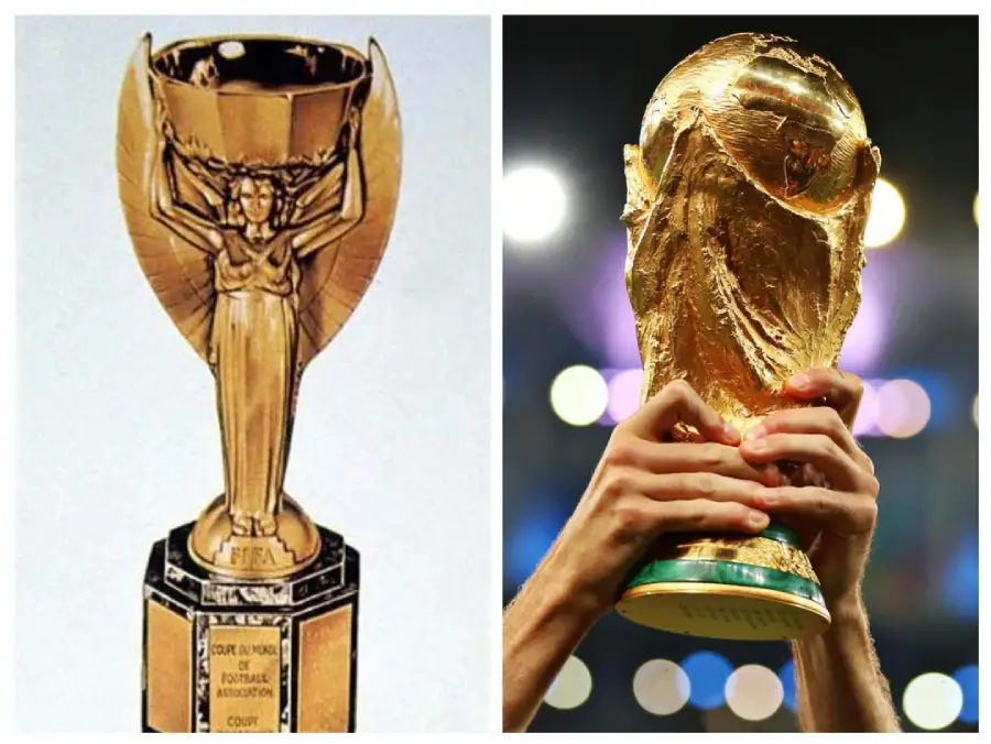 A side-by-side comparison of two FIFA World Cup trophies: the older Jules Rimet Trophy on the left and the modern FIFA World Cup Trophy on the right, being held up by two hands.