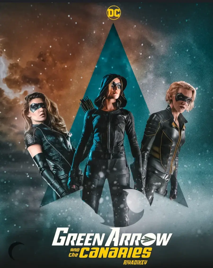 Three women in superhero costumes stand confidently in front of a green arrowhead symbol, with dramatic clouds behind them. Text at the bottom reads "Green Arrow and the Canaries." DC logo is at the top.