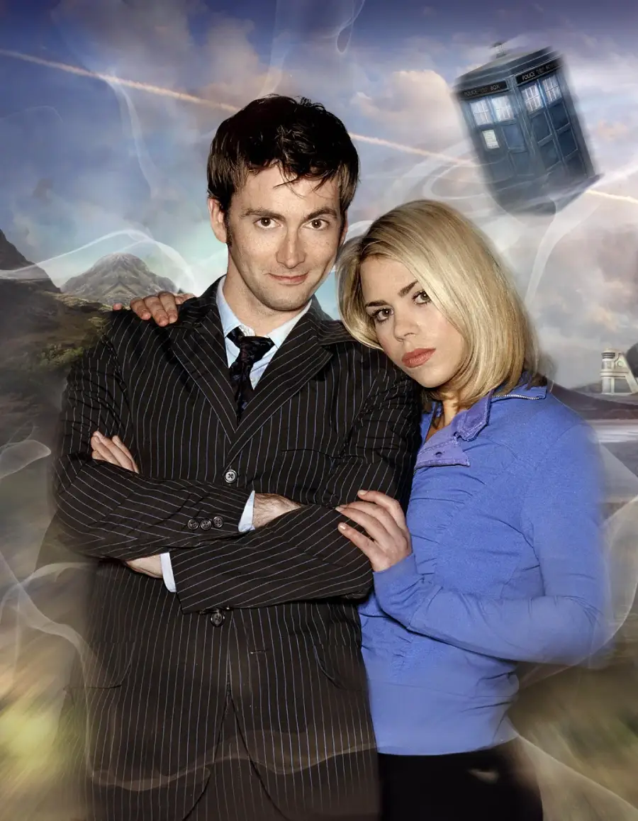 A man in a pinstripe suit stands with his arms crossed, next to a woman in a blue jacket who leans on his shoulder. They are posed in front of a swirling background with a blue police box floating in the sky.
