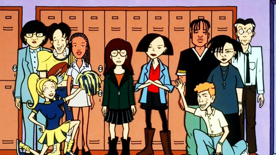 A group of animated high school students with varied clothing and expressions stand in front of a row of orange lockers. The central character wears glasses and a green jacket. The setting suggests a typical school hallway.
