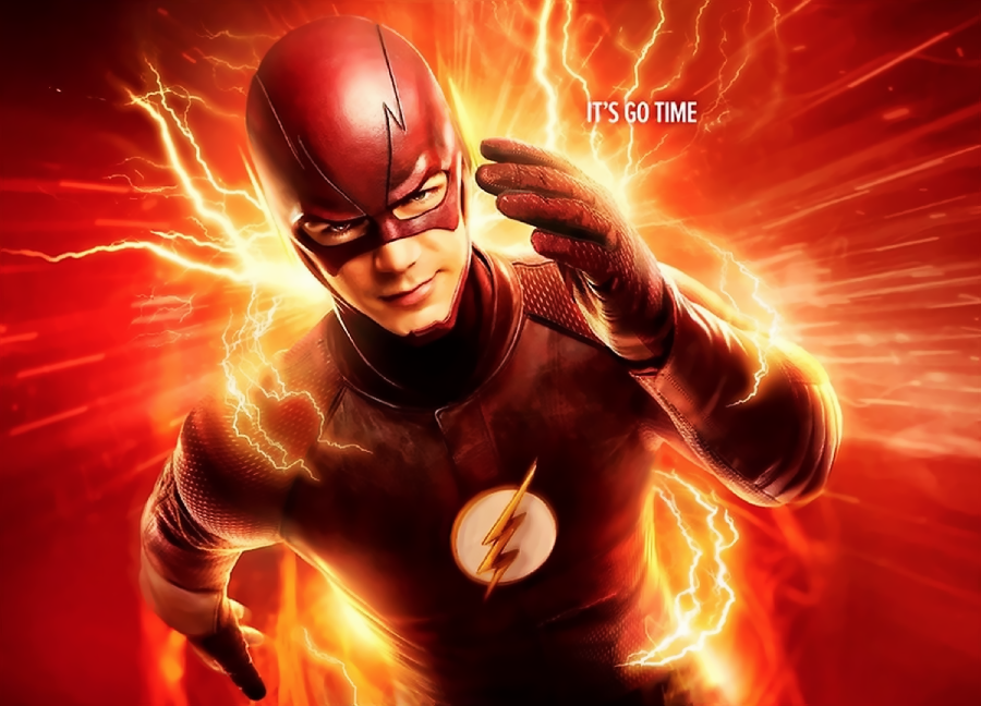A superhero in a red suit with a lightning bolt emblem runs forward, surrounded by bright yellow and orange lightning. The words "IT'S GO TIME" appear beside him on a fiery red background.