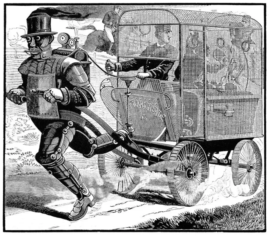 A vintage illustration shows a robot in armor pulling a carriage with passengers through the countryside. The carriage is enclosed in wire mesh, and the robot emits steam as it runs.